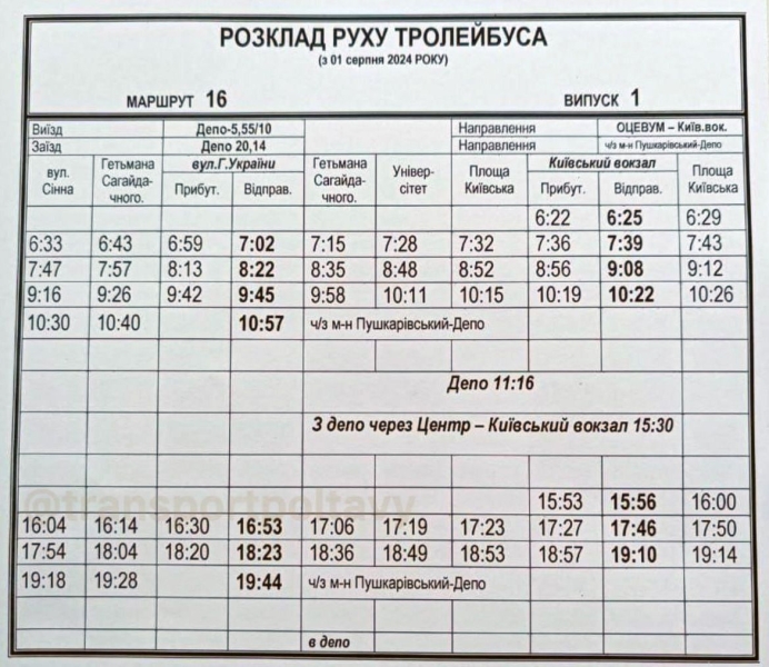 1 серпня у Полтаві на маршрут виїде тролейбус № 16 (графік)