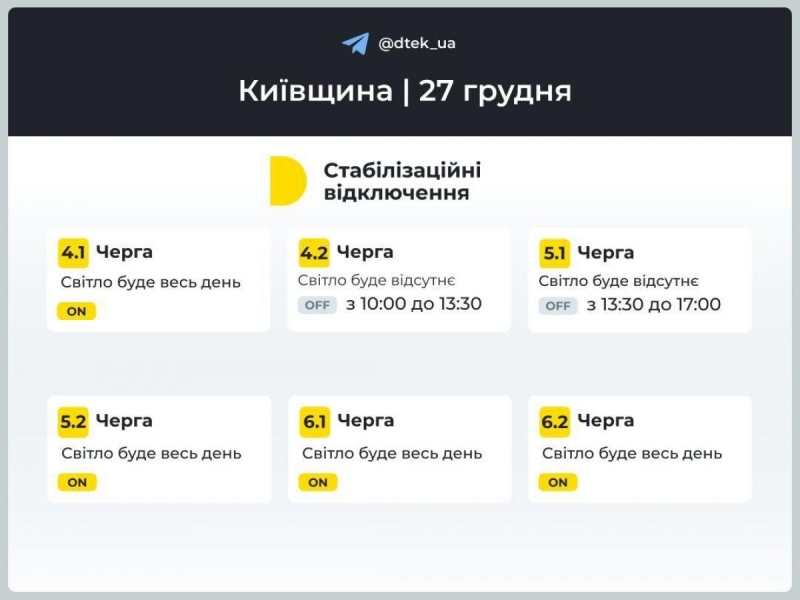 Графік відключення електроенергії на 27 грудня: коли не буде світла у п'ятницю